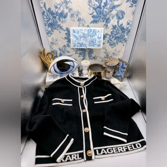 🆕 KARL LAGERFELD 🧿 NWT Classic Cardigan with Logo Embroidery & Buttons, Sz M - Picture 2 of 13